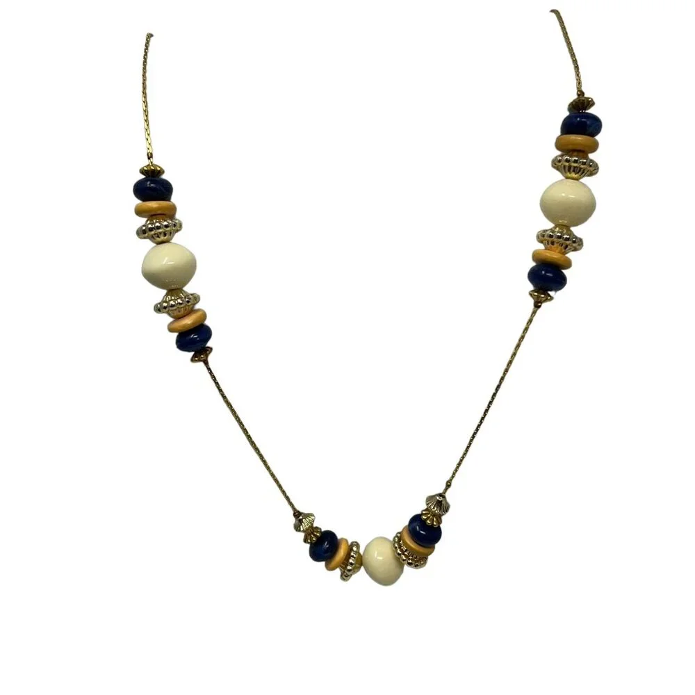 Beaded‎ Necklace Gold Tone Chain Blue White Blue Yellow Beads